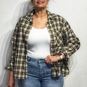 Zara Tan Plaid Flannel Button Down Shirt Sz M